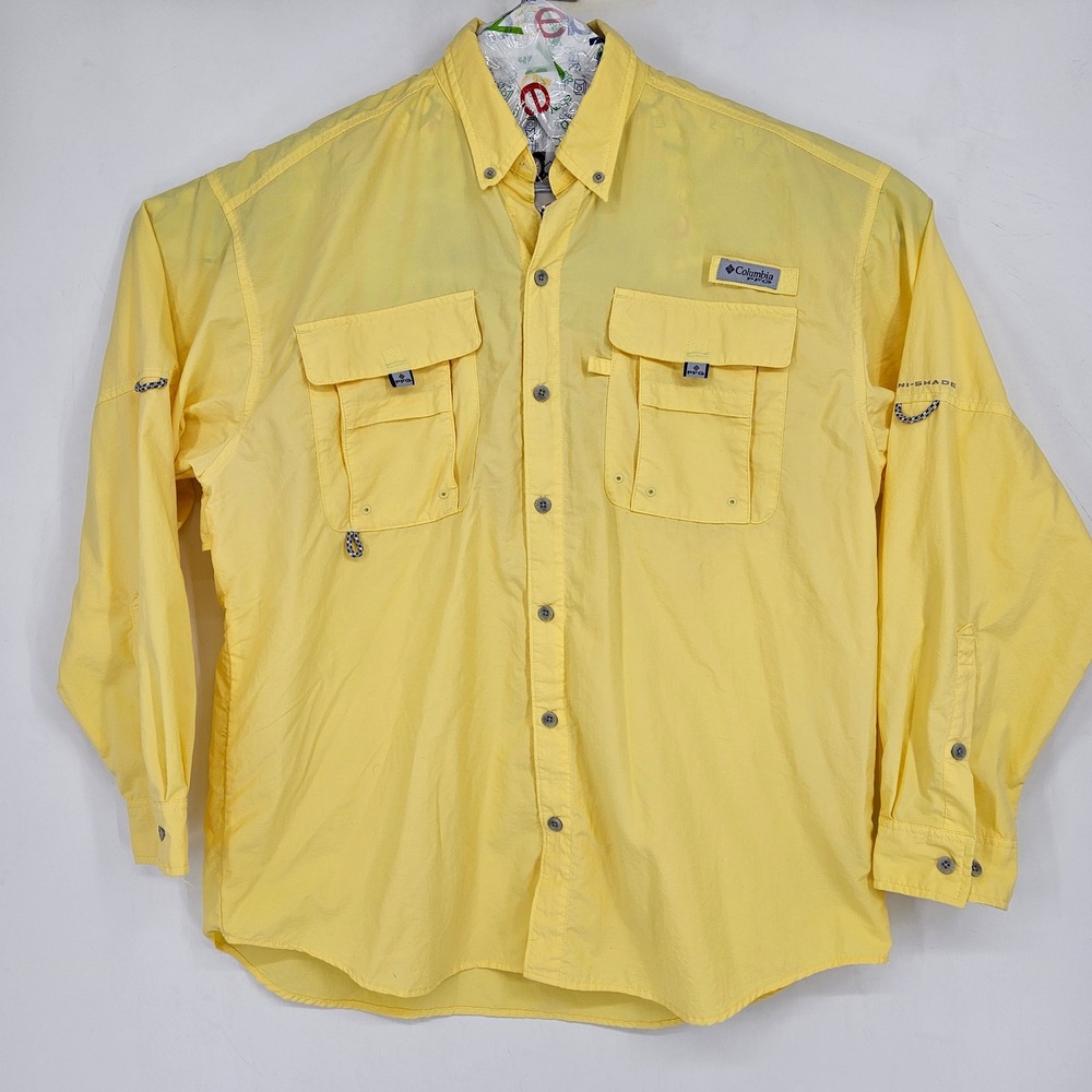 Columbia Shirt Mens Large PFG Vented Fishing Omni Shade Button Up Yellow